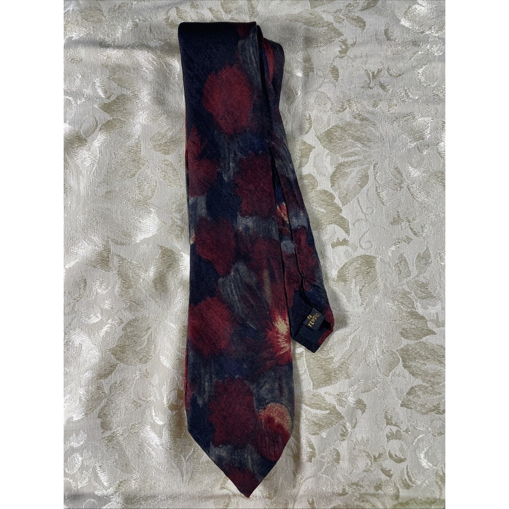 Fendi‎ Cravatte Mens Silk Tie 61 Inch Navy Red Floral Made in Italy 100% Silk